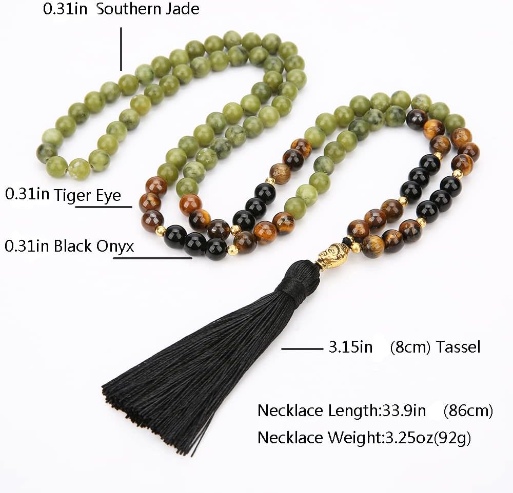 Mala Necklace with Tibetan Buddha Head Pendant and Tassel