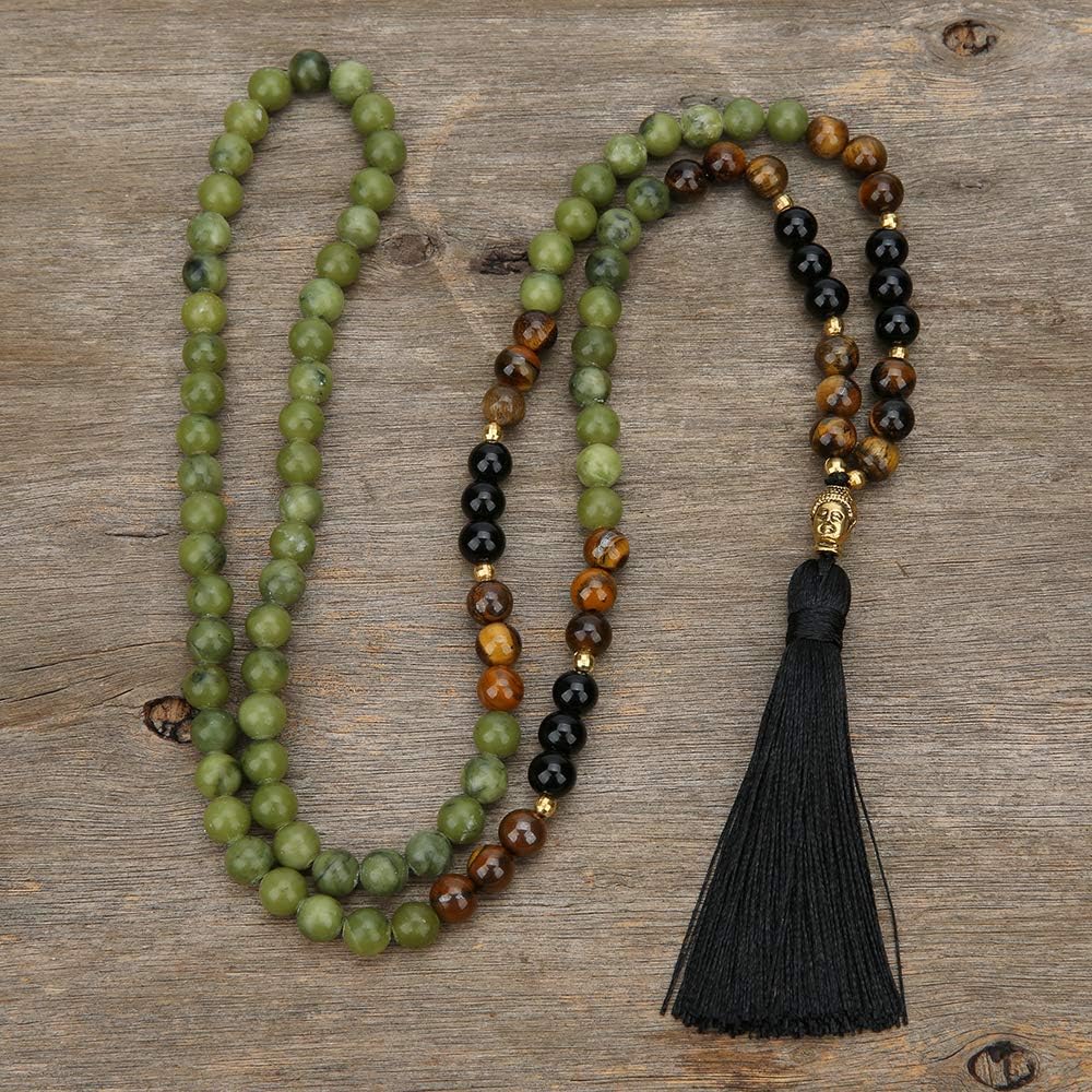 Mala Necklace with Tibetan Buddha Head Pendant and Tassel