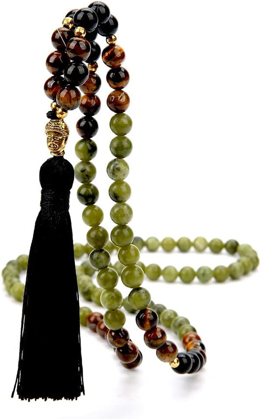 Mala Necklace with Tibetan Buddha Head Pendant and Tassel