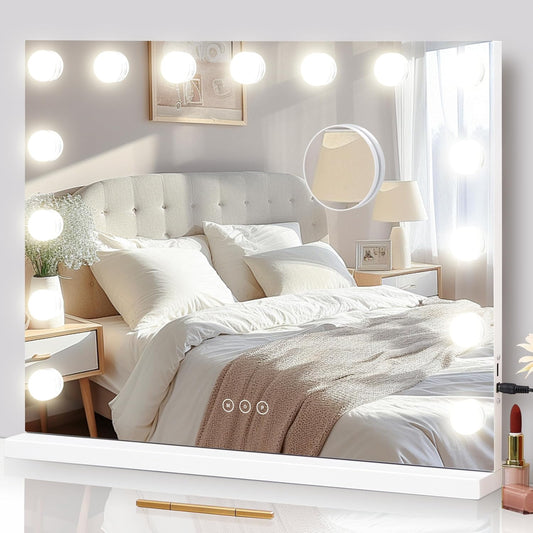 Vanity Mirror with Lights Lighted Makeup Mirror with 15 Dimmable LED Bulbs,3 Color Lighting Modes,Usb Charging Port Touch Control,Sturdy Metal Frame Design,White