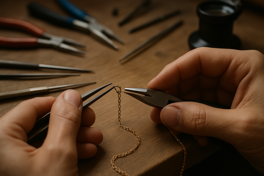 Close-up professional photograph of hands carefully repairing delicate jewellery