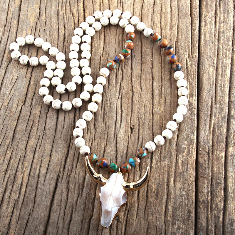 Bohemian Bull Skull Stone Necklace