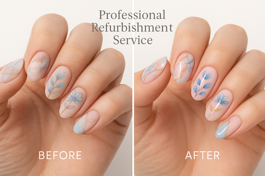 Professional nail refurbishment before and after with identical designs